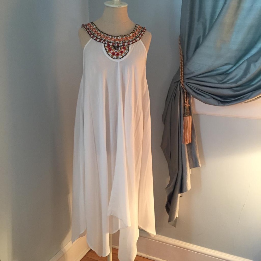 Beaded Collar Flowy White Sundress Beachwear NWT
